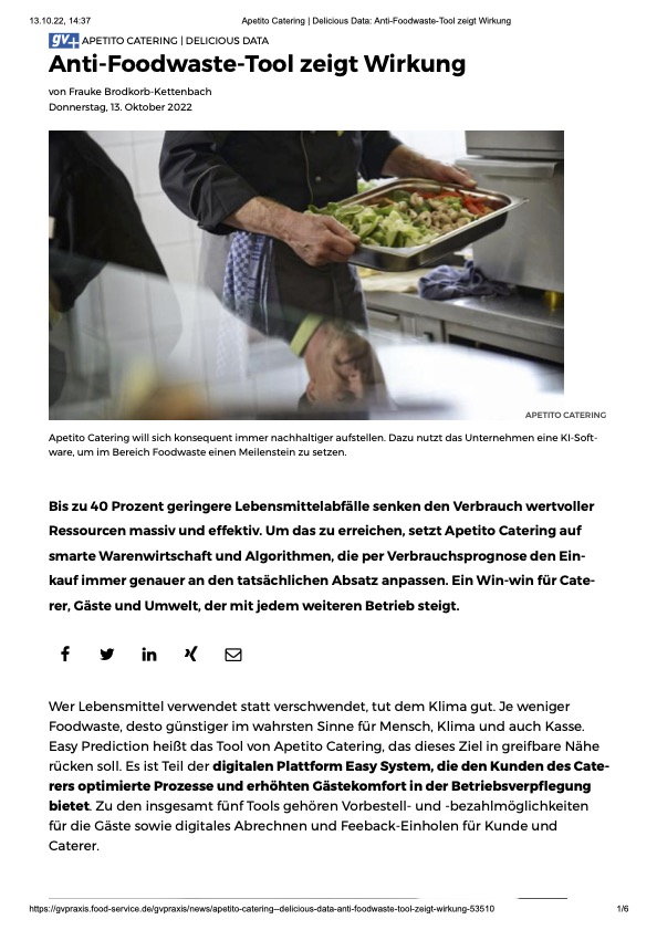 Artikel der gvpraxis über apetito catering aus der Ausgabe im Oktober 2022