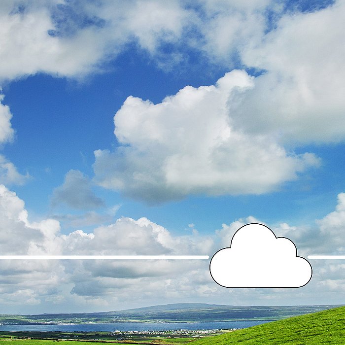 Eine Graslandschaft, im Hintergrund Wasser. Unten links eine eingefügte weiße Wolke 