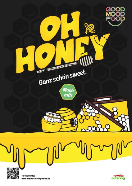 Gelbe Honigwarben, gelber Bienenstock neben einem geschlossenen Honigglas auf schwarzem Hintergrund mit gelber Überschrift: Oh Honey, ganz schön sweet