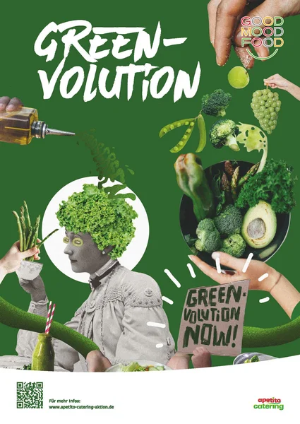 rechts verschiedene grüne Gemüsesorten, unten eine gräuliche Dame mit einem Salatkopf als Frisur. Weiße Überschrift: Green Volution 