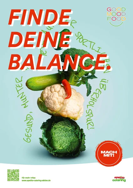 Grünkohl, Blumenkohl, Brokkoli und Gurke senkrecht aufeinander gestapelt. Rechtsmittig rote Schrift: Finde deine Balance 