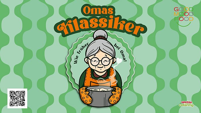 Gezeichnete Oma, in der Hand eine Topf mit kochender Suppe. Darüber in schnörkeliger oranger Schrift: Omas Klassiker. Im Hintergrund hell und dunkel grüne Kreise. 