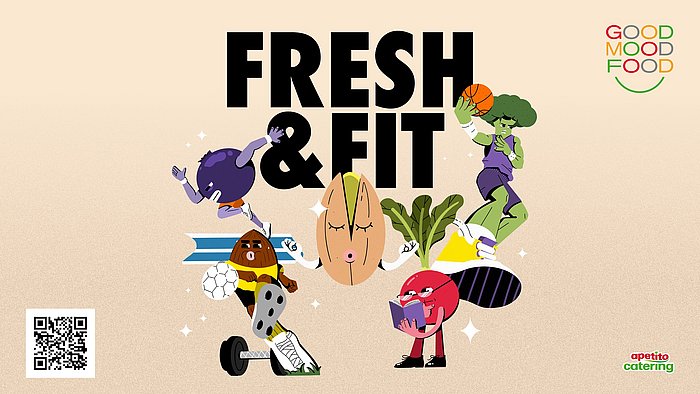 verschiedene Obstorten, welche vermenschlicht wurden und Sport machen. Auf einem beigen Hintergrund mit schwarzer, dicker Schrift mittig: Fresh & Fit 