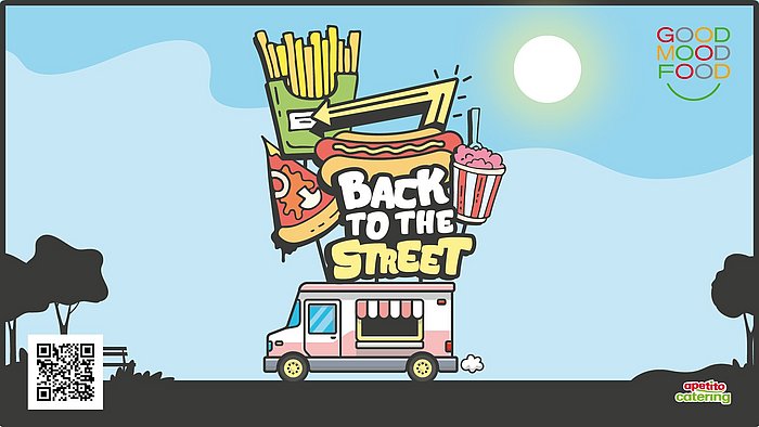 Gemalter rosa-weißer Essenstruck. Auf dem Dach mittig ein Pommes, Pizza, Hot Dog und Eis- Schild mit der Aufschrift: Back to the Street, fahrend auf der Straße mit einem blauen Himmel und Sonnenschein 