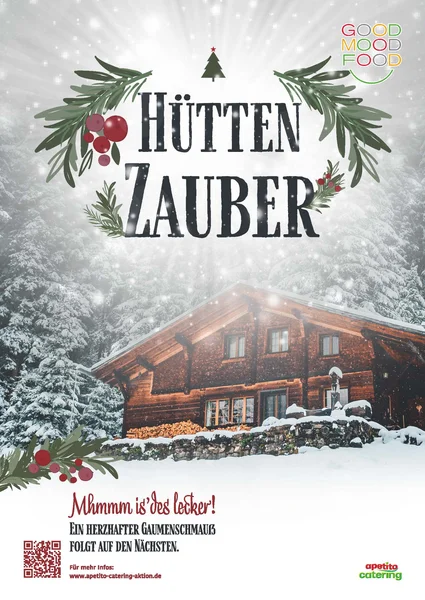 Braune Holzhütte vor einer dunkelgrünen mit Schneebedeckten Tannenwand. Mittig eine schwarze Überschrift: Hüttenzauber mit Zweigen geschmückt 